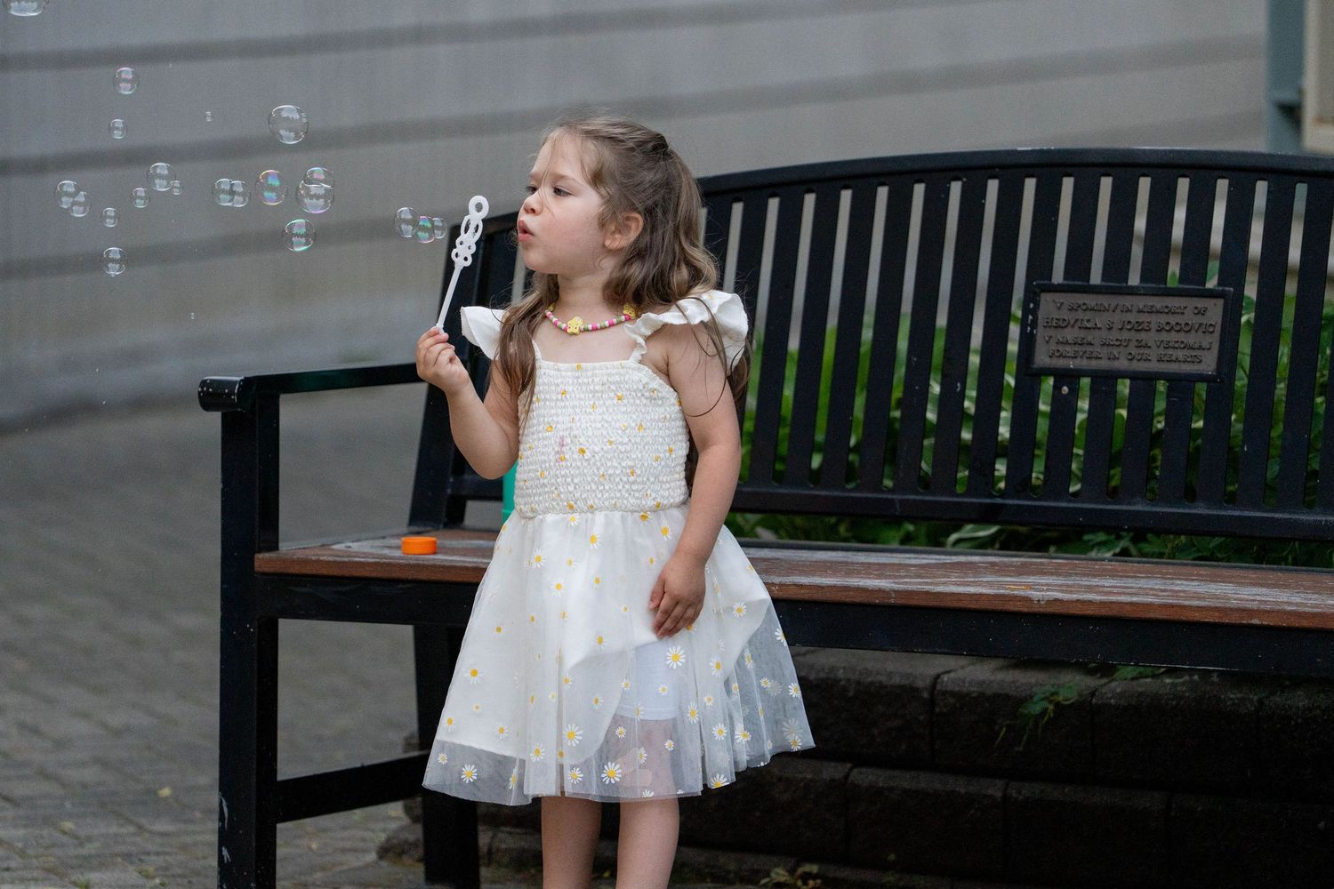 A little girl in a white dress blows bubbles in front of a park bench with a memorial plaque.