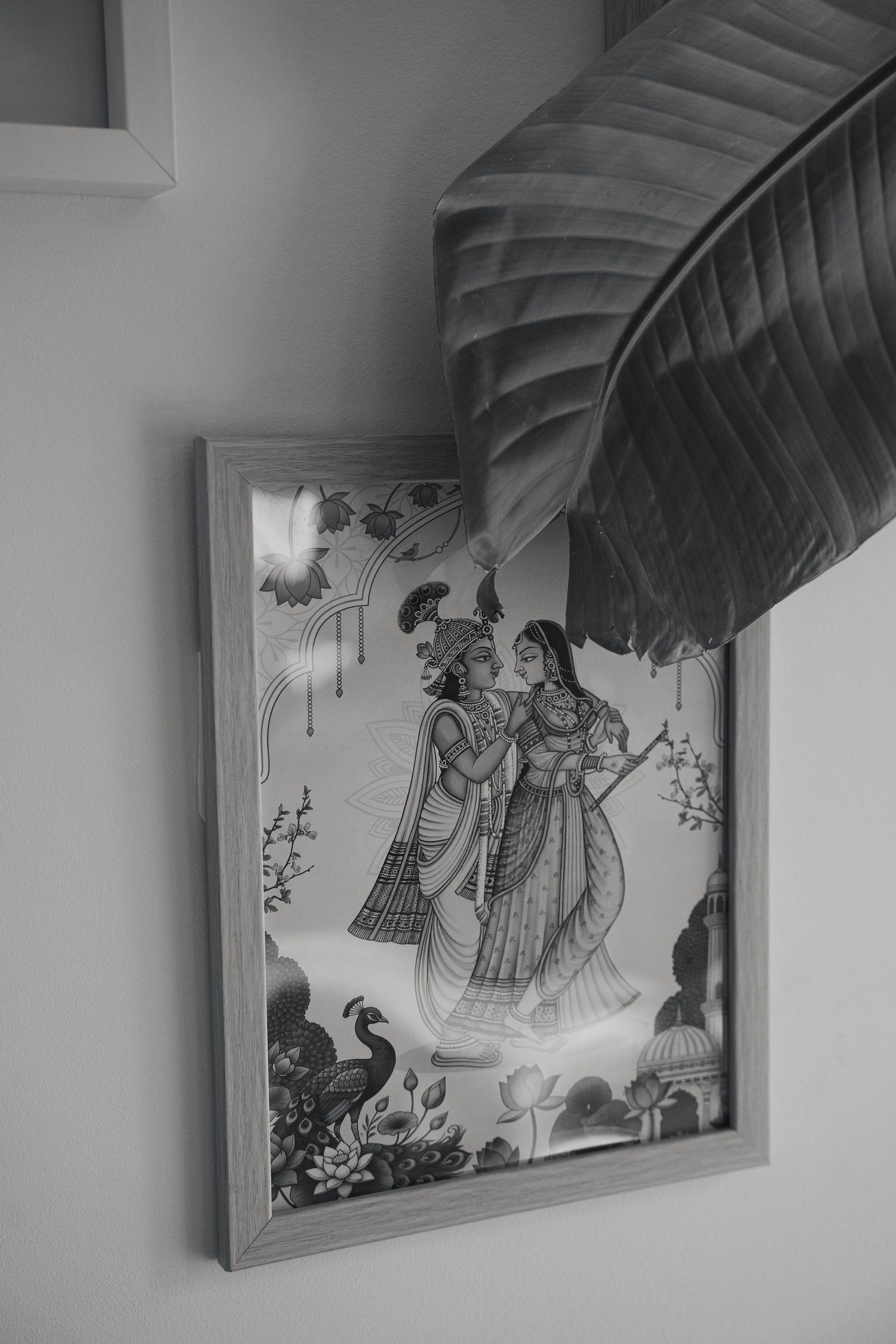 Black and white framed Indian miniature artwork of a divine couple with a peacock, partially covered by a large banana leaf.