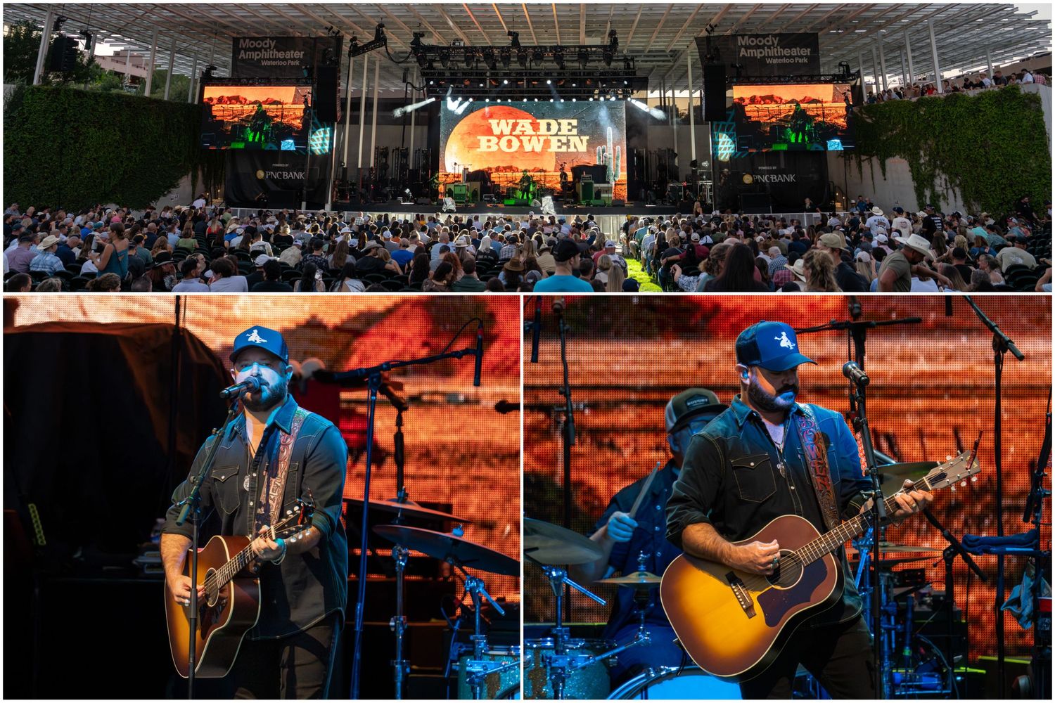 Wade Bowen performing country music live on stage at the outdoor music concert venue Moody Amphitheater in Austin Texas.