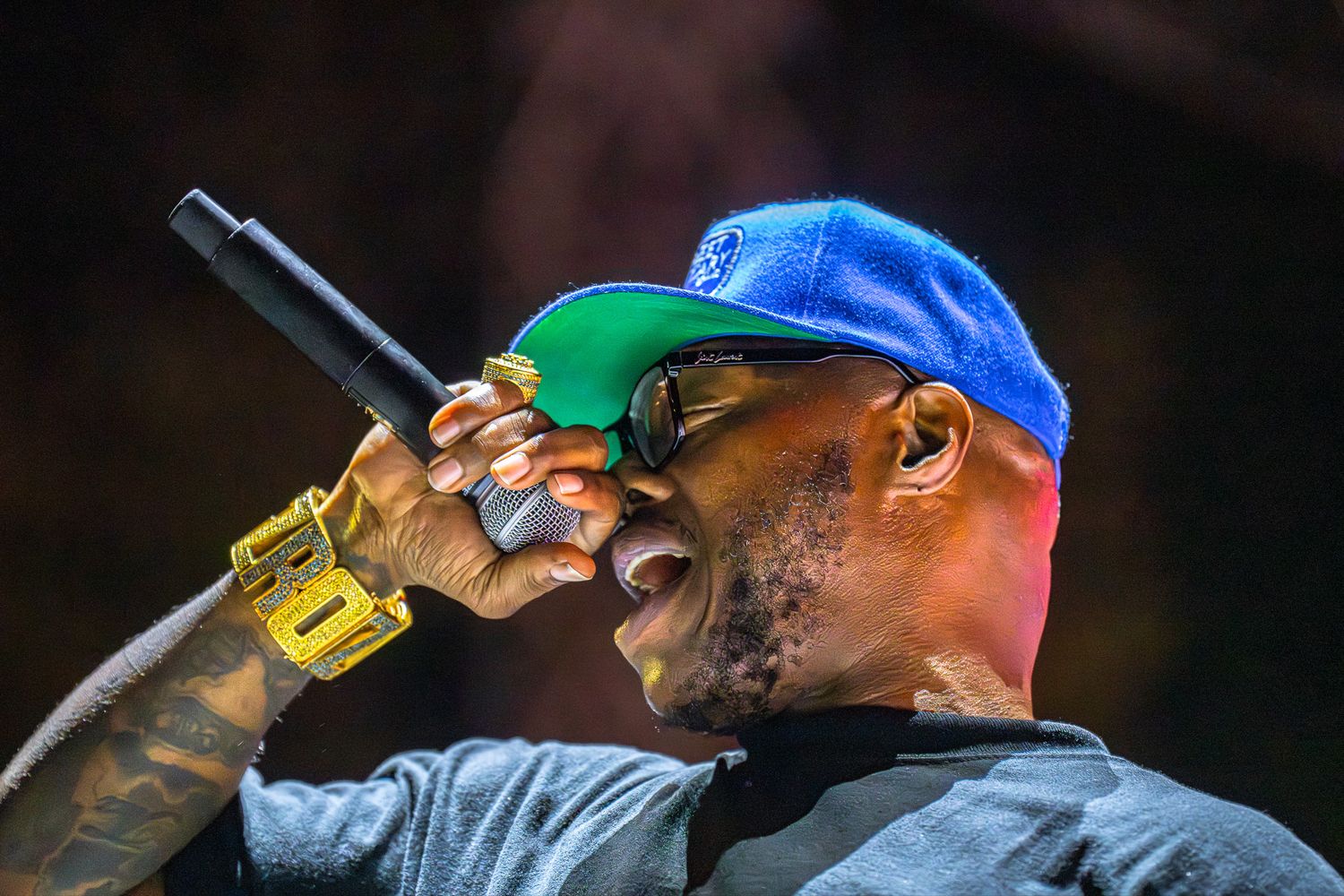 Close up of Z-Ro, Hip-hop artist performing live on stage at Round Rock Amphitheater in Round Rock, Texas.