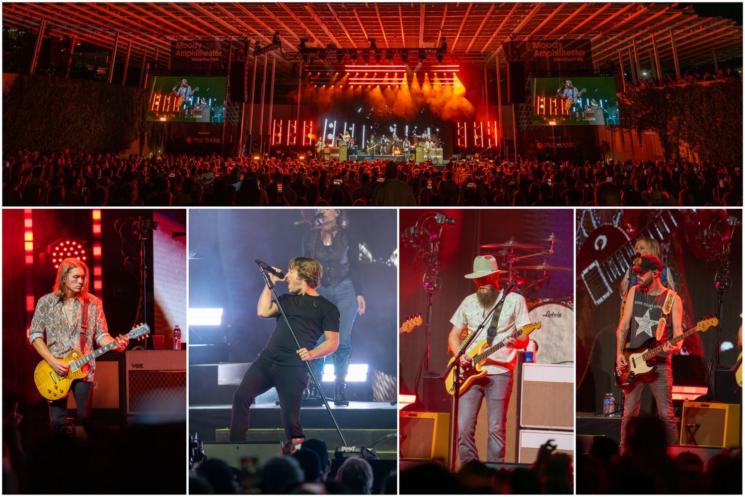 Whiskey Myers performing live in concert at Moody Amphitheater in Austin, Texas, with views of the band and crowd.