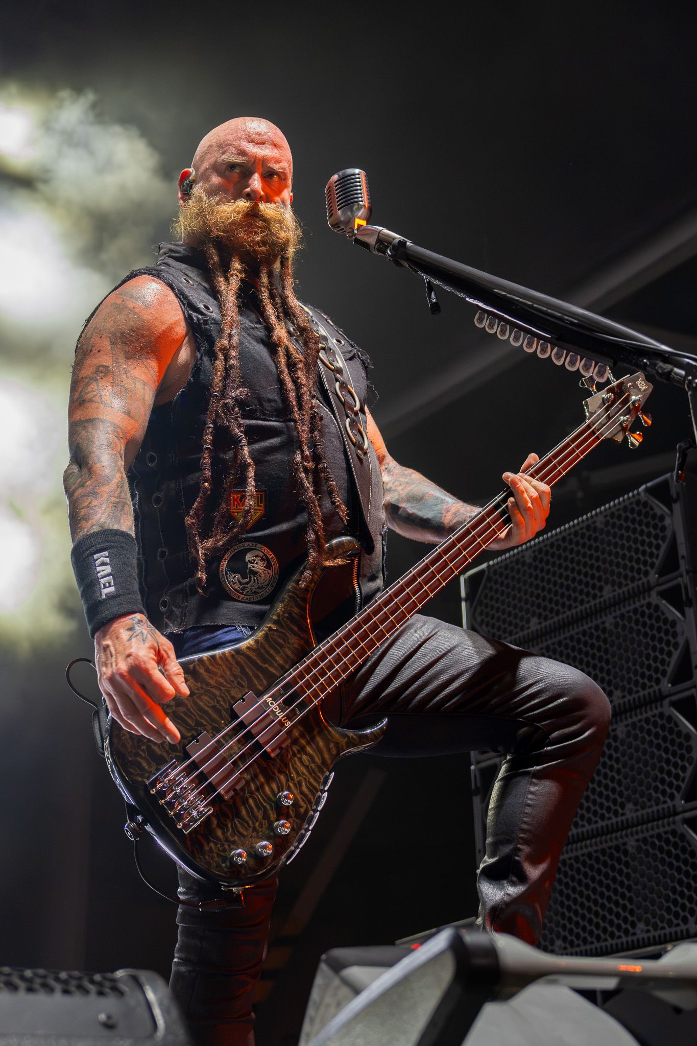 Tattooed male bassist with long dreadlocks and beard performs on stage wearing a sleeveless vest at an outdoor metal concert.