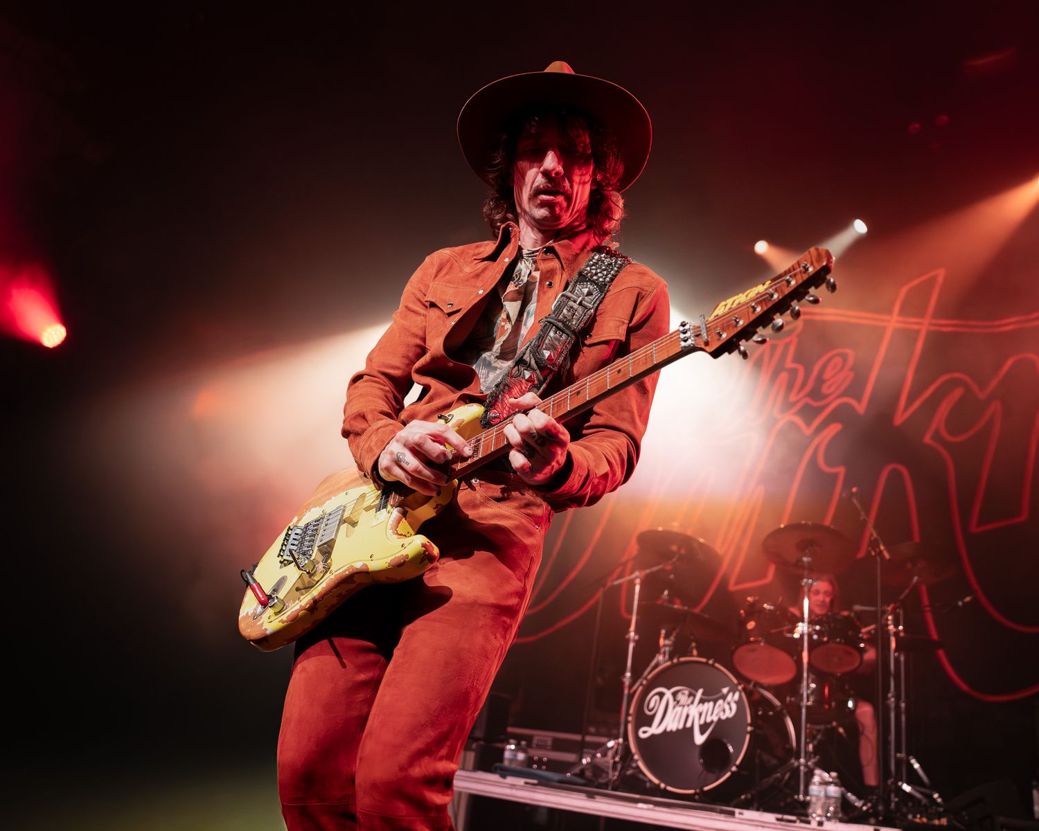 Justin Hawkins performing with The Darkness during a live concert at Emo's Austin in Austin, Texas.