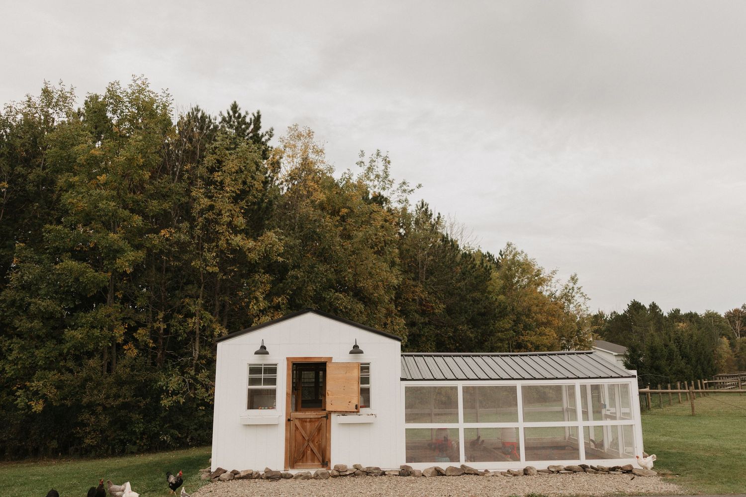 White farmhouse chicken coop with glass greenhouse attached, surrounded by lush green trees on a rural property.