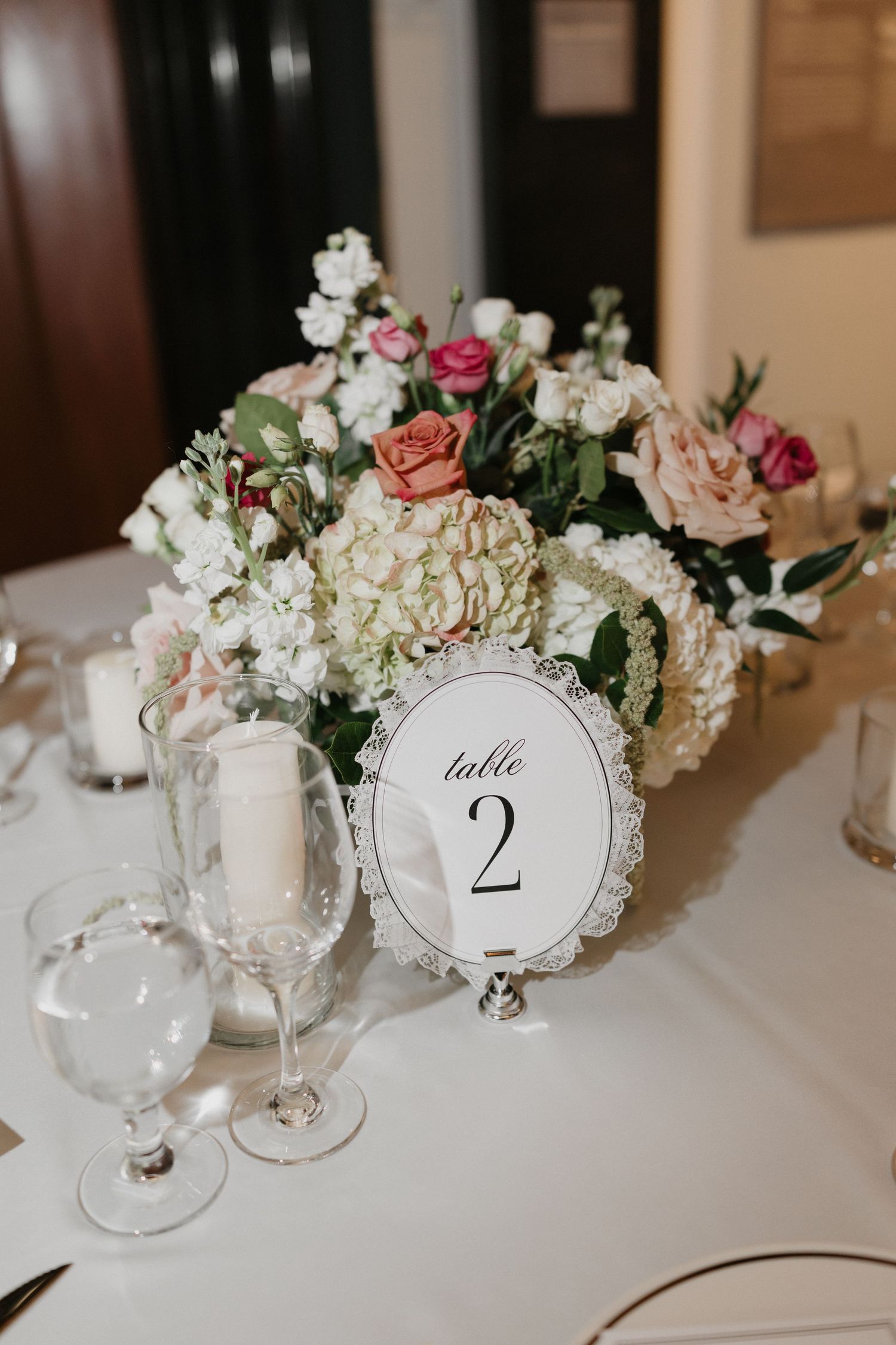 Elegant wedding table 2 centerpiece with blush pink roses, white hydrangeas, and greenery beside candles on white linen.