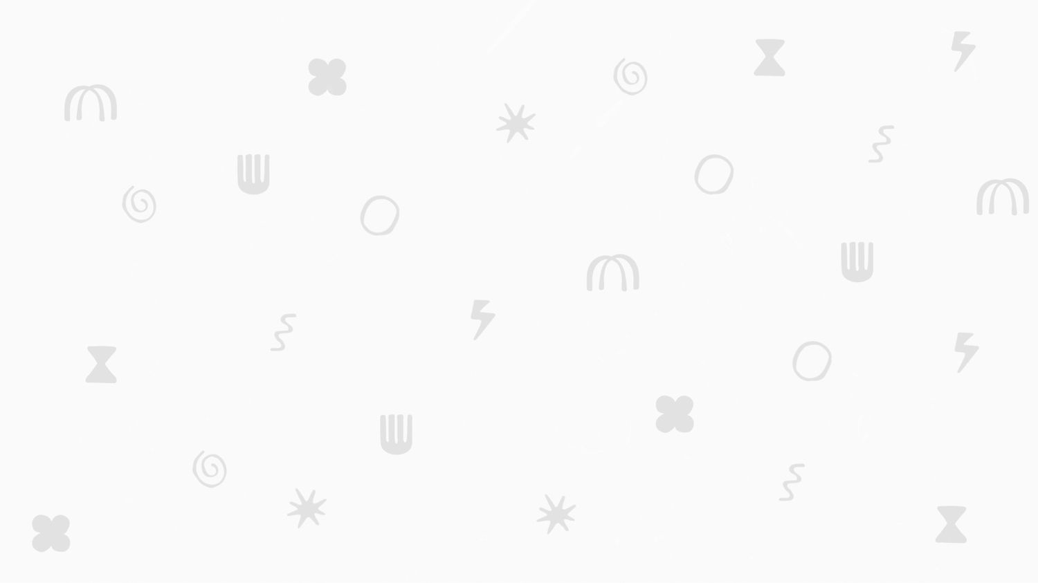 Scattered minimalist gray symbols on white background forming a repeating pattern of arches, spirals, crosses, and geometric shapes.