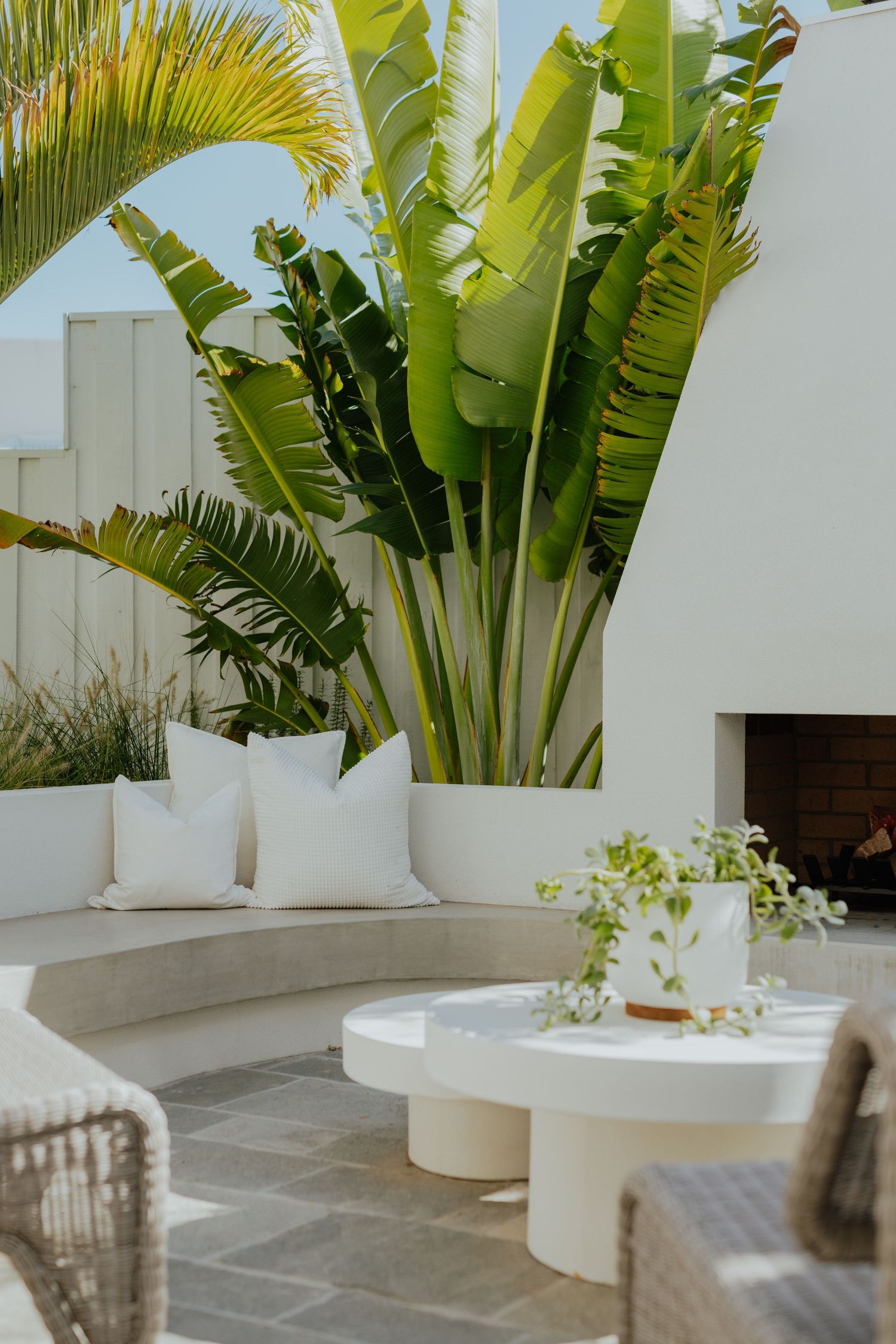 White curved outdoor seating area with tropical banana plants, fireplace, and round coffee table in a modern patio.
