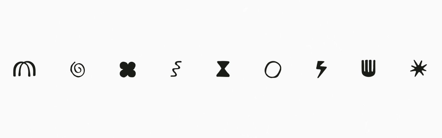 A collection of minimalist black icons including an arch, spiral, asterisk, lightning bolt, hourglass, circle, and more.