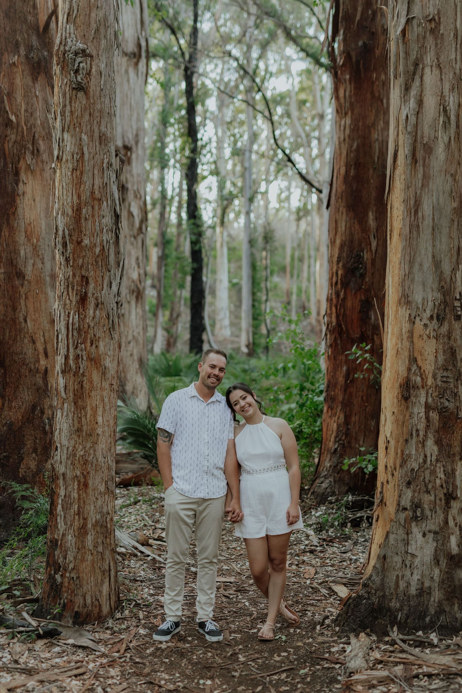 Smiling couple standing hand in hand between large eucalyptus trees in a beautiful forest setting.