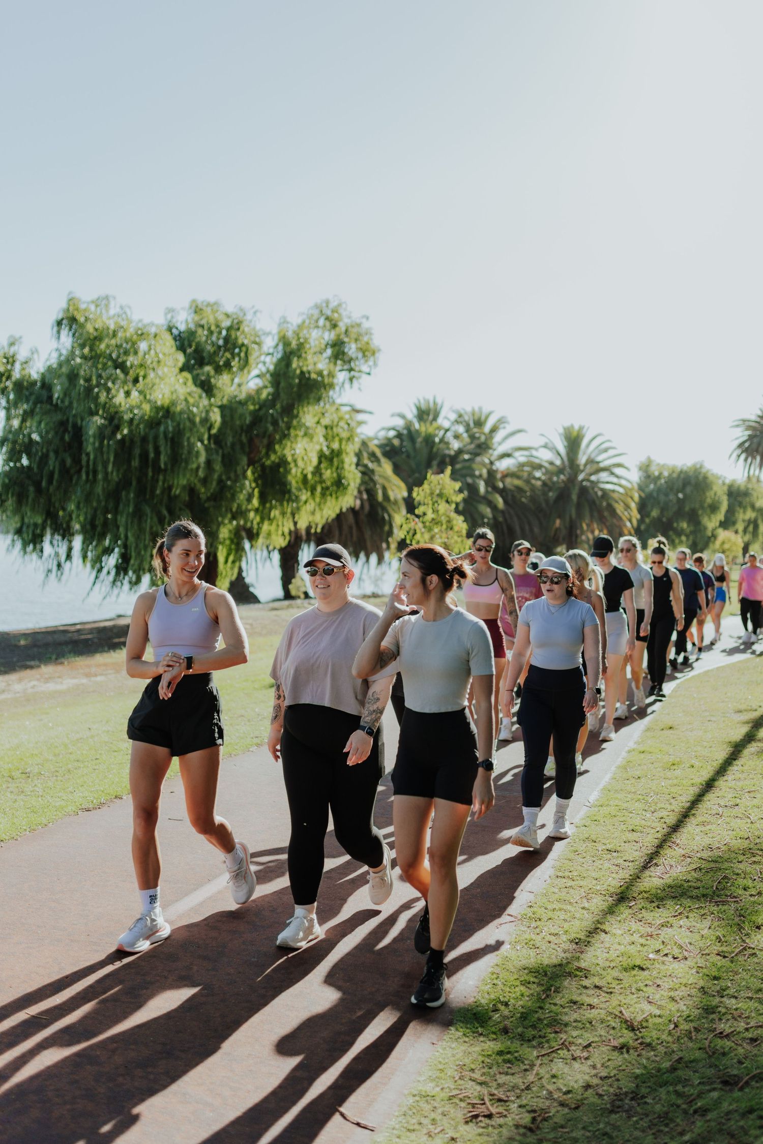 Group of women in activewear walking along a sunny park path lined with palm trees.