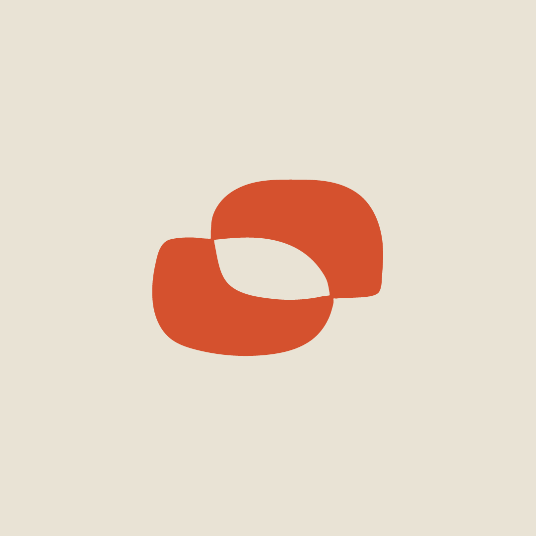 Abstract terracotta logo with two overlapping rounded shapes on a beige background.
