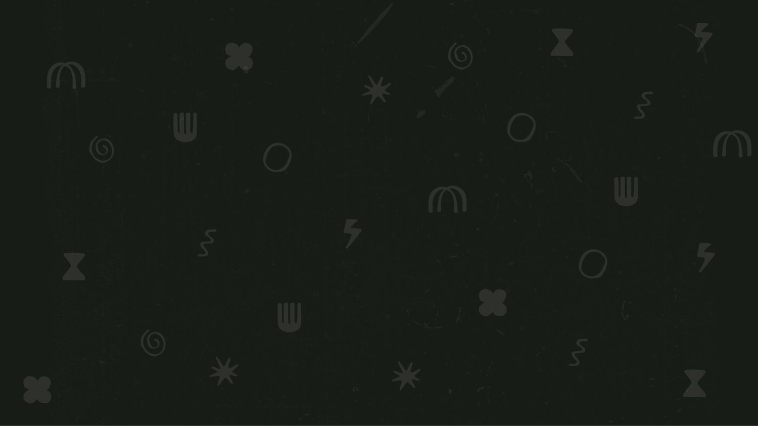 Scattered minimalist dark symbols on near-black background forming a repeating decorative pattern of geometric and abstract icons.