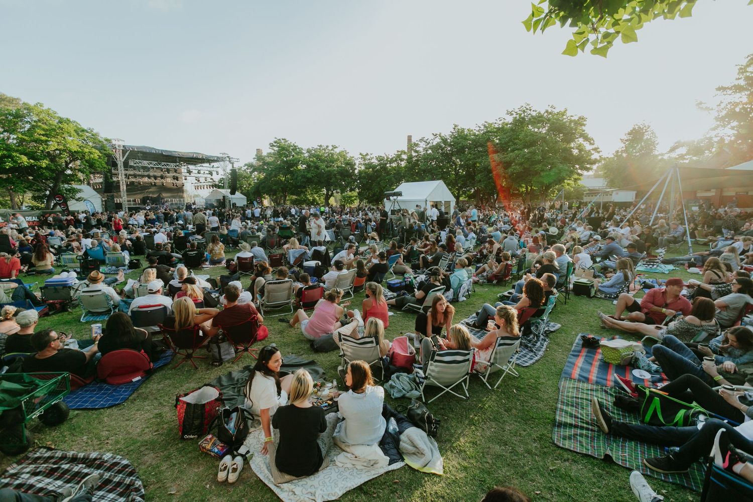 Large crowd of festival attendees sitting on grass under trees at an outdoor summer music event.