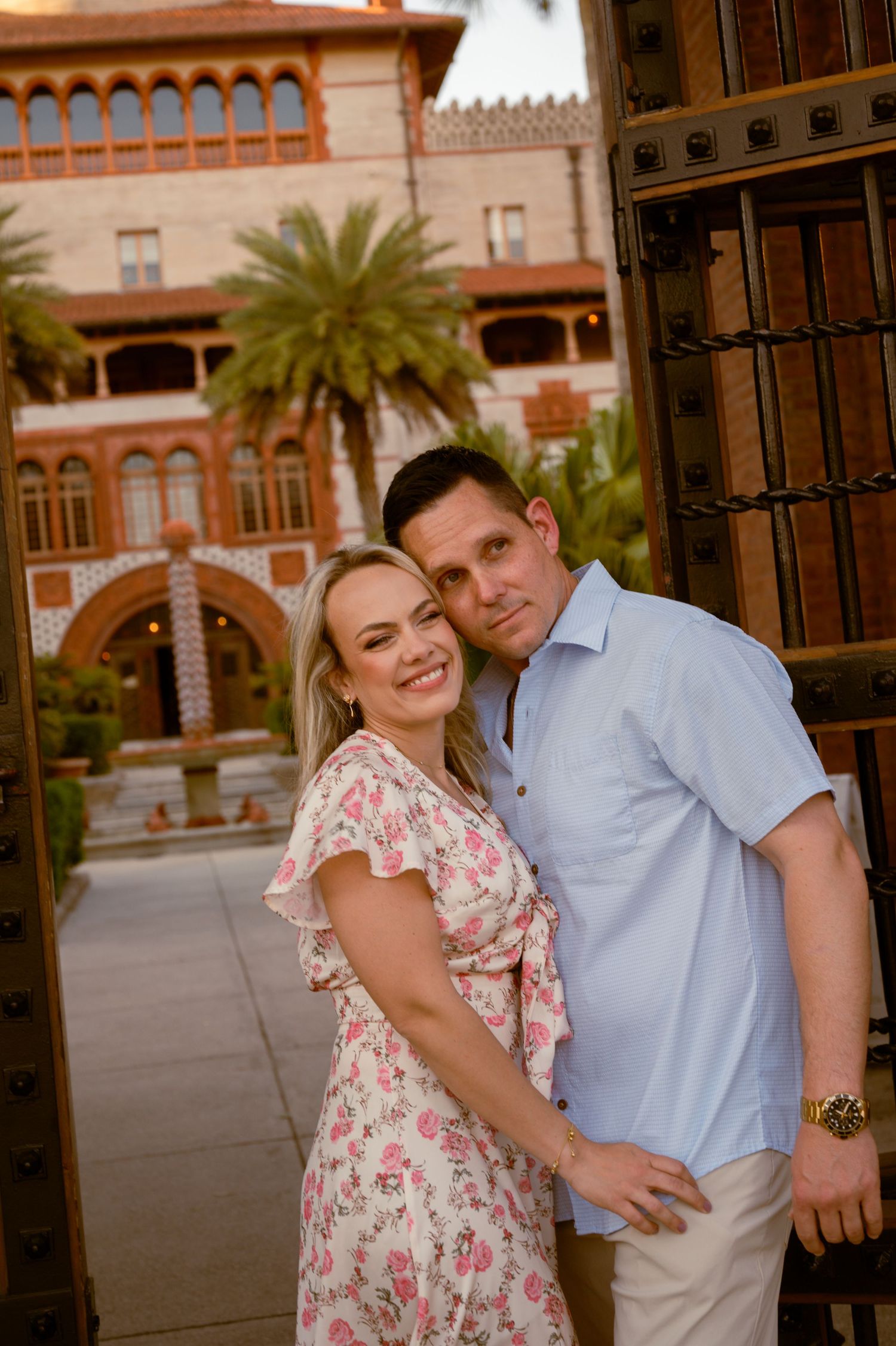 Couple sharing an intimate moment during an engagement session in St. Augustine, Florida