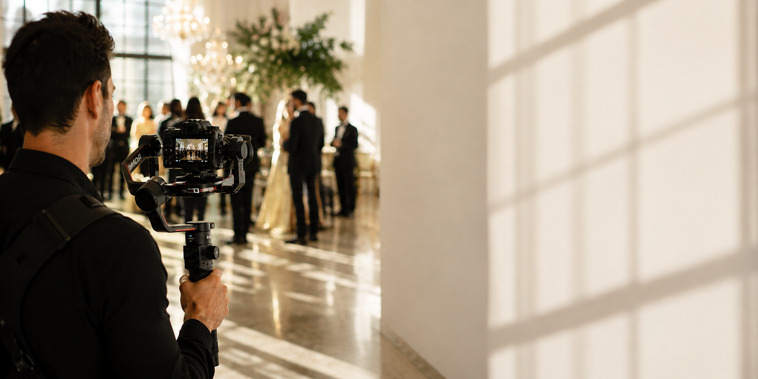 A professional videographer capturing a wedding ceremony with a gimbal camera.