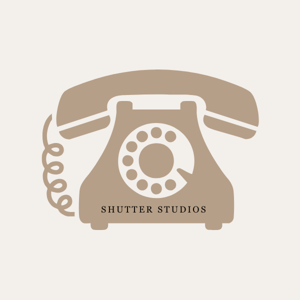 Shutter Studios vintage rotary telephone icon logo on a cream background.