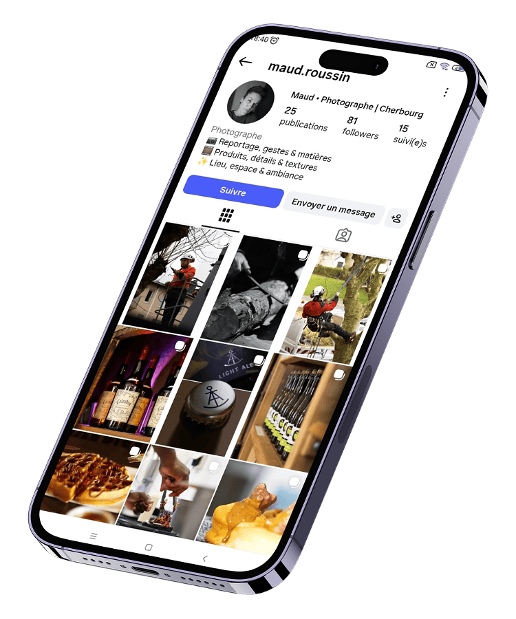 Smartphone sur compte Instagram de Maud Roussin, photographe d'entreprise à Cherbourg