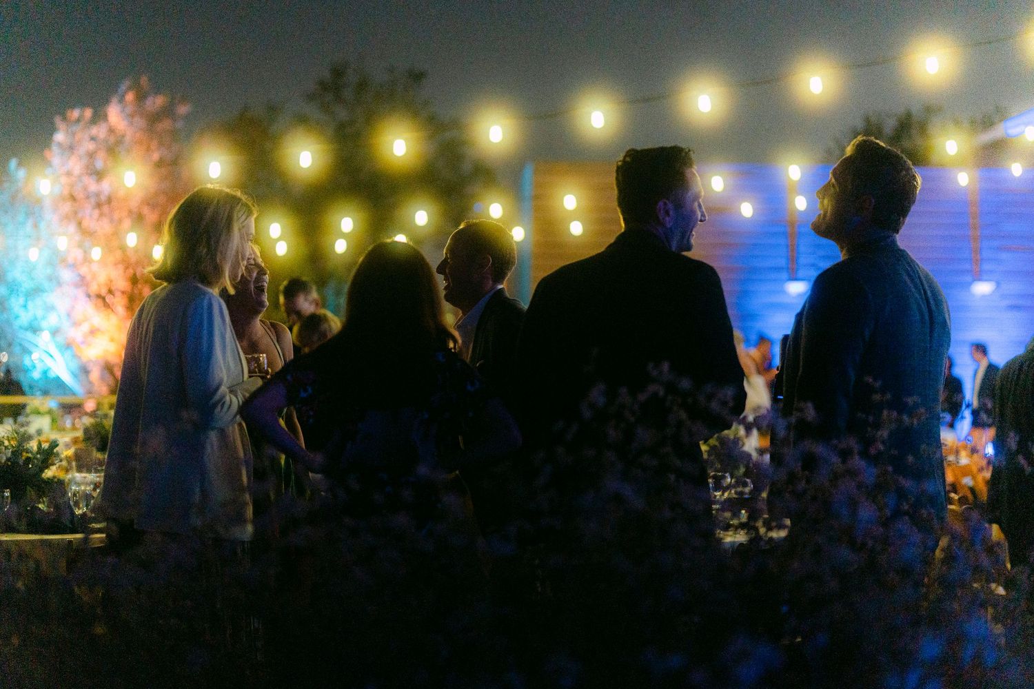 Silhouetted guests mingling under warm string lights at an elegant outdoor nighttime gathering.