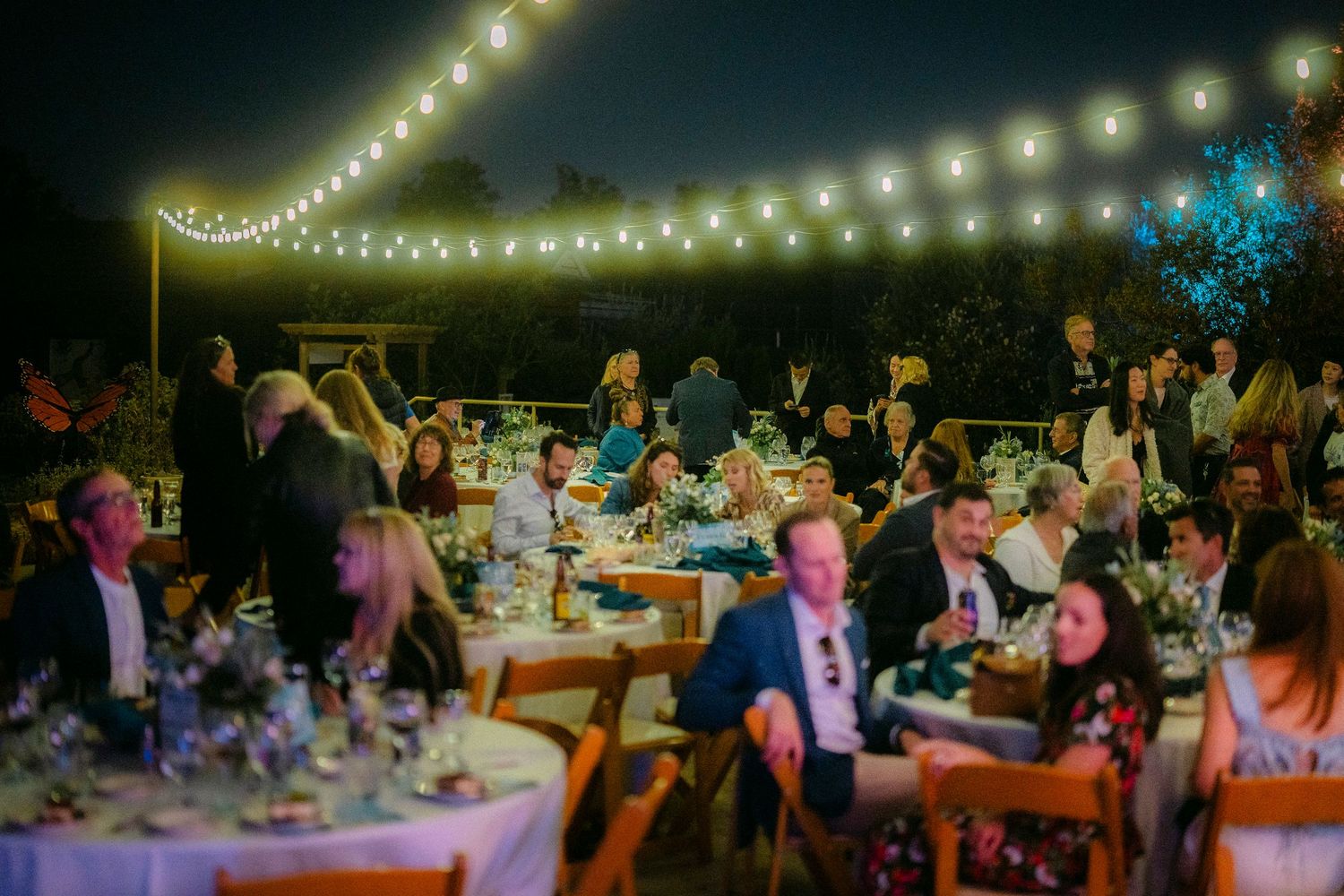 Guests dining under string lights at a festive outdoor evening event with decorated tables.
