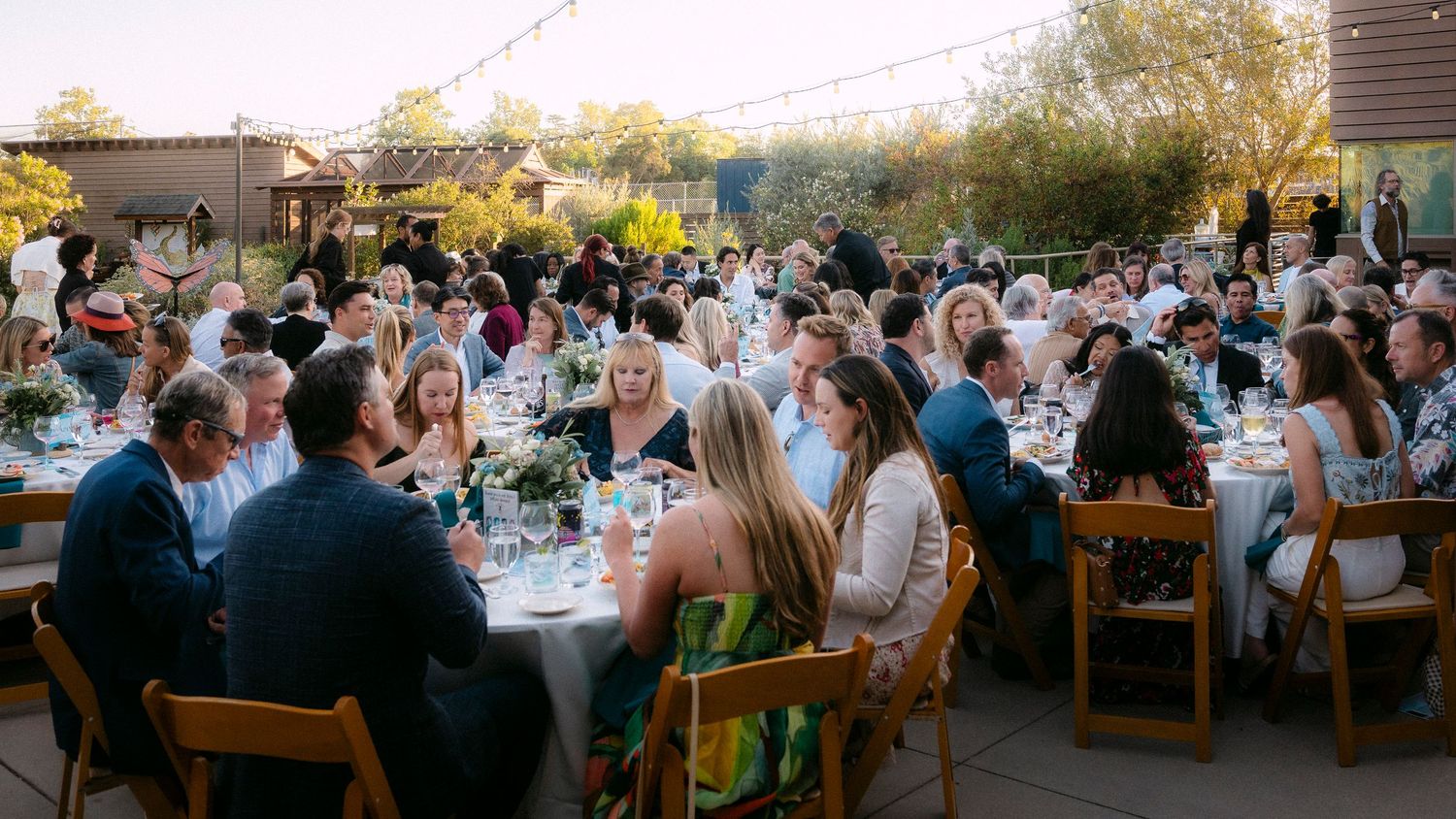 Large group of guests dining together at elegantly set tables during an outdoor evening event.