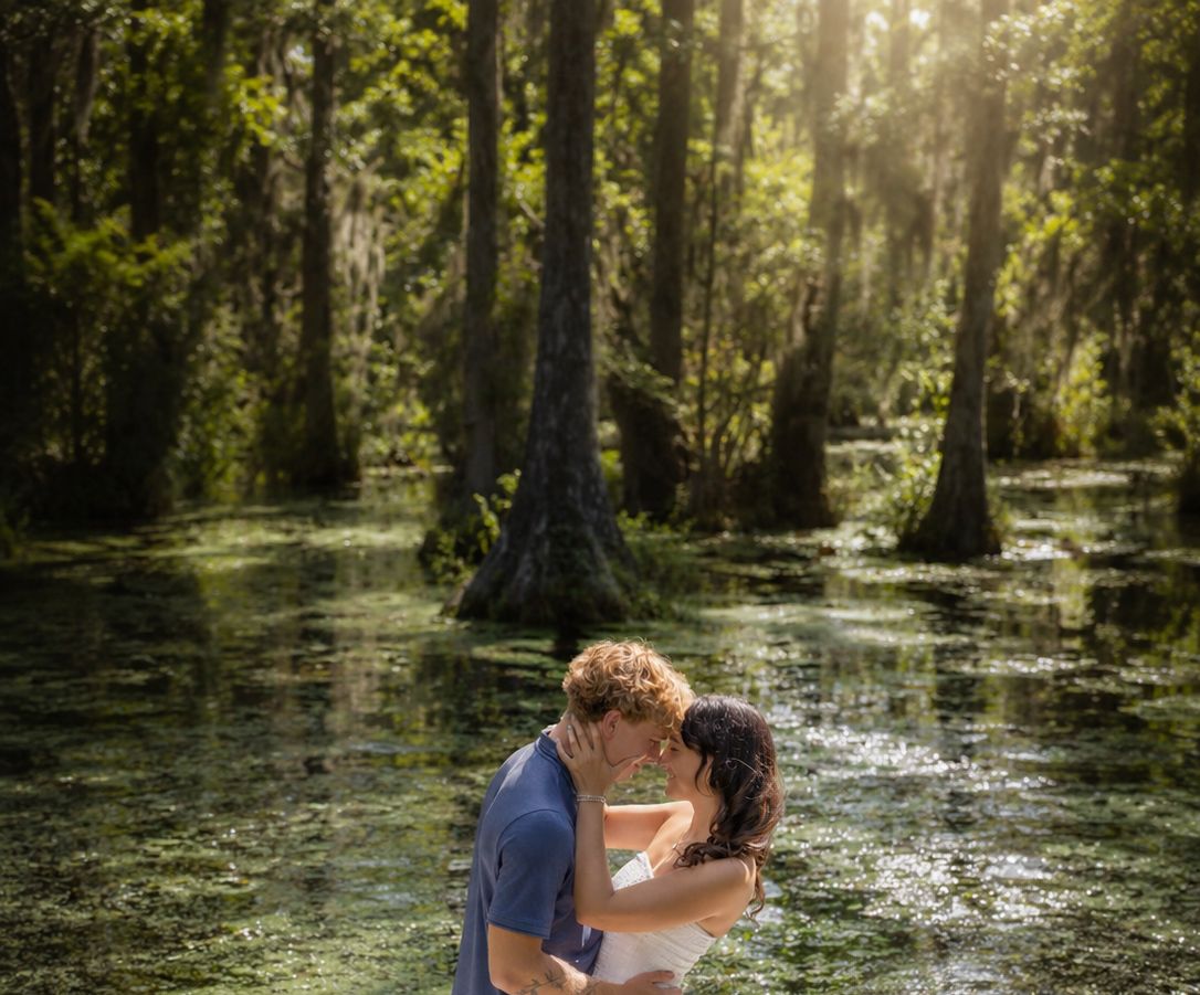 Couple kissing in a sunlit cypress swamp with glowing green water.