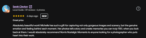 Five-star Google review praising Norris Nostalgic Moments for capturing genuine emotion and beautiful imagery.