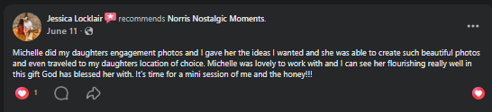 Five-star Facebook review recommending Norris Nostalgic Moments photography for family photos.