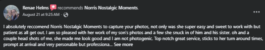 Five-star Facebook review recommending Norris Nostalgic Moments for top-notch personable photography services.