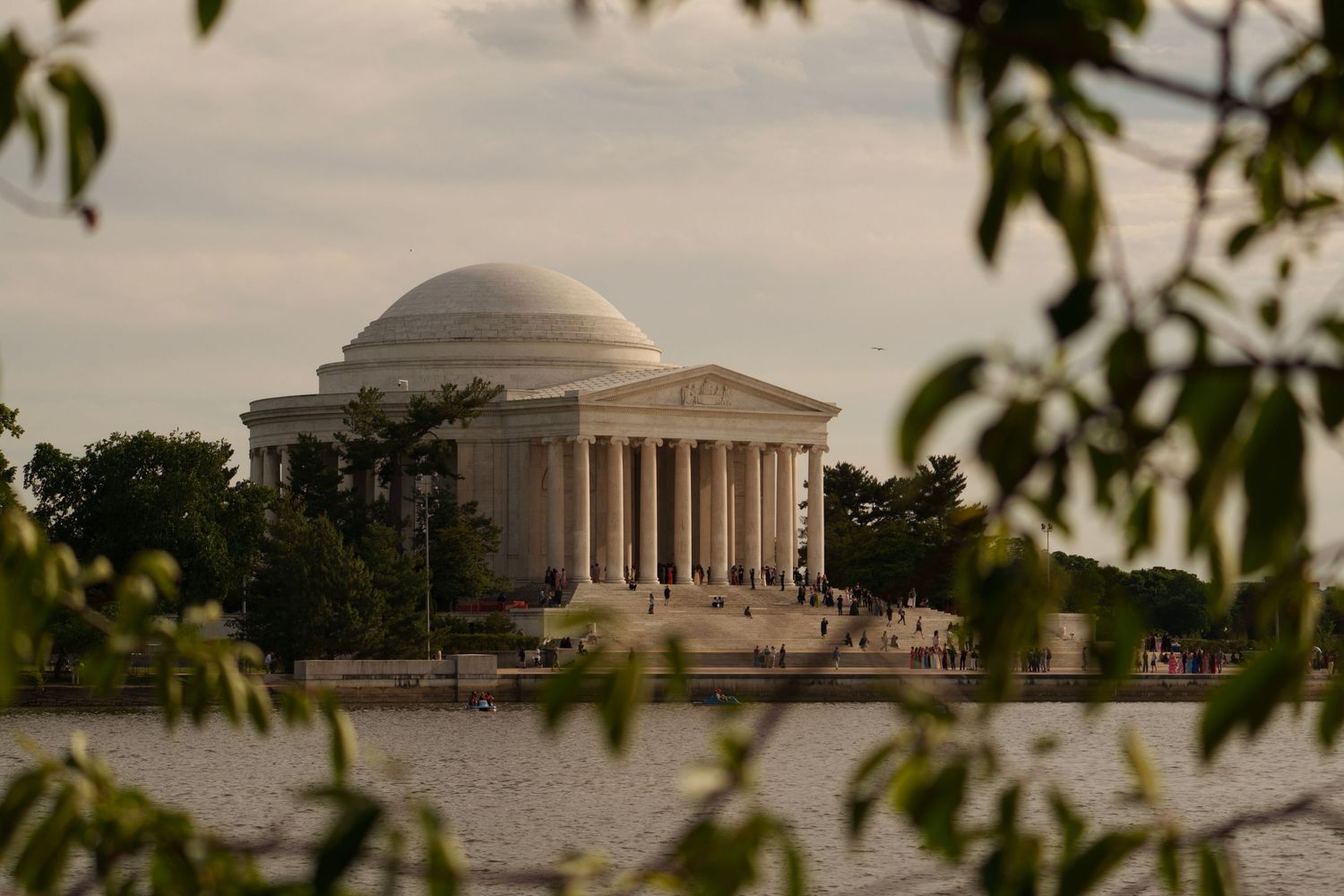The Jefferson Memorial reflects classical architecture as seen through tree branches across the Tidal Basin.