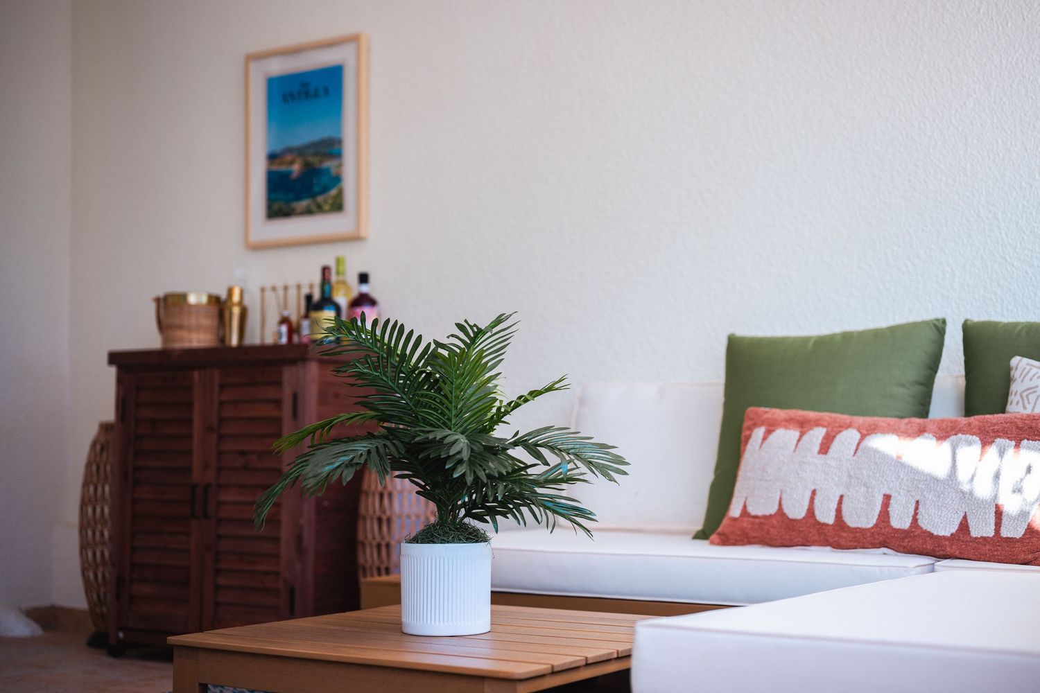 Bright living room corner with white sofa, green and red pillows, potted palm plant, and wooden bar cabinet.