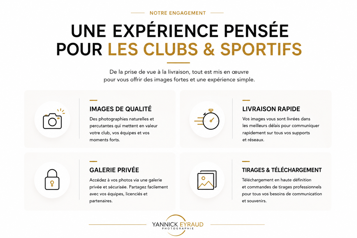 Bloc éditorial présentant les engagements de Yannick Eyraud Photographie pour les clubs et sportifs