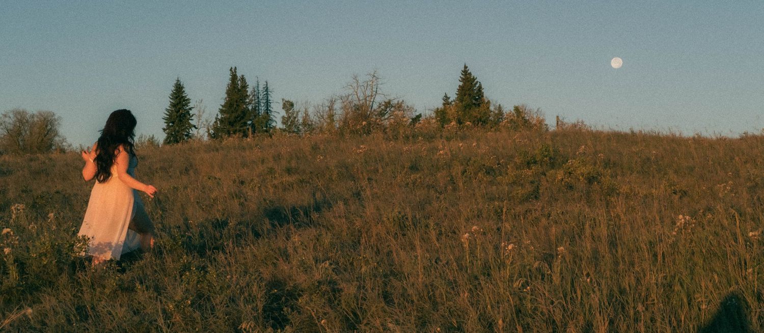 Woman in pink dress walking through golden meadow with pine trees and full moon in twilight sky.