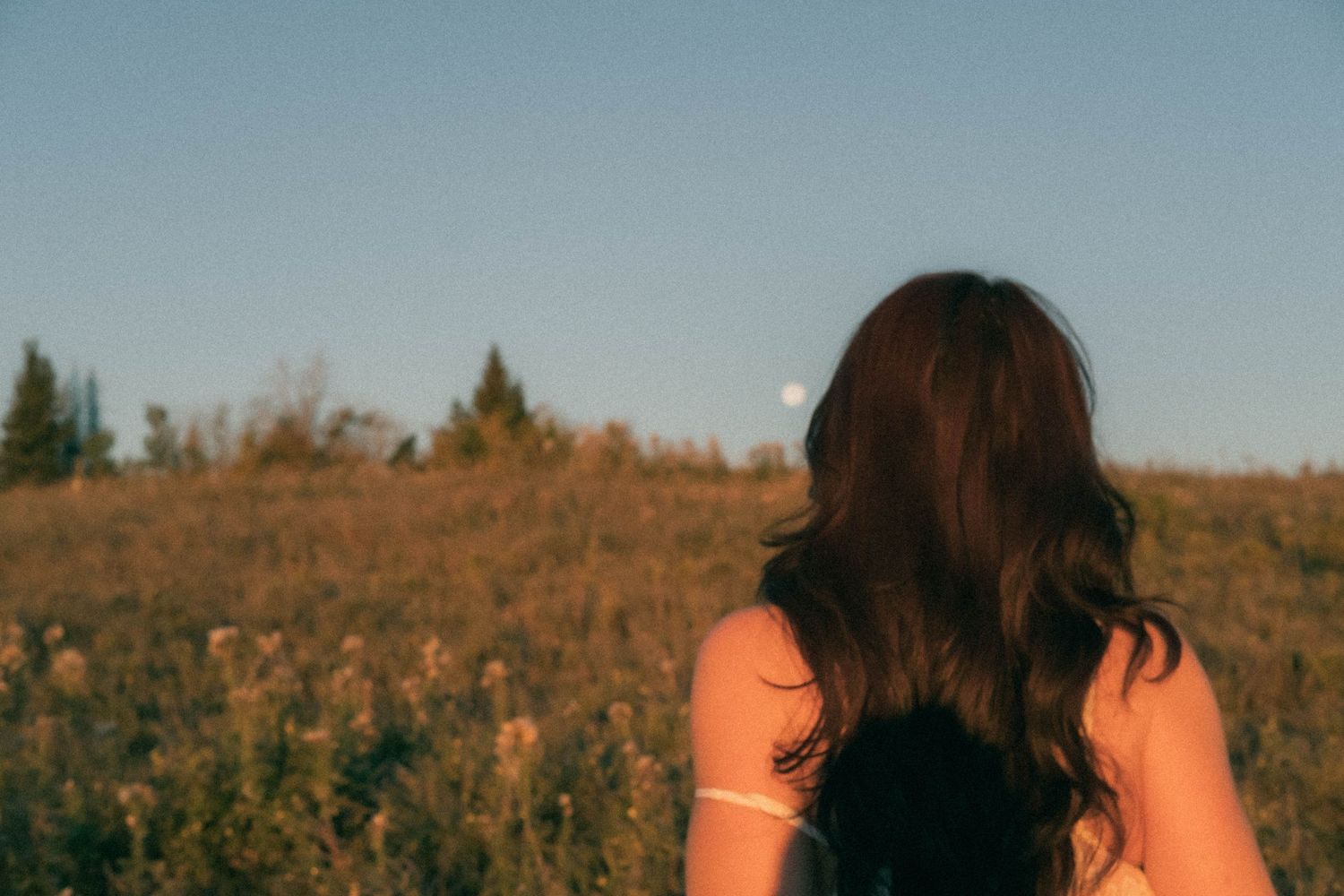 Woman with long brown hair gazing at the moon over a golden meadow at dusk.