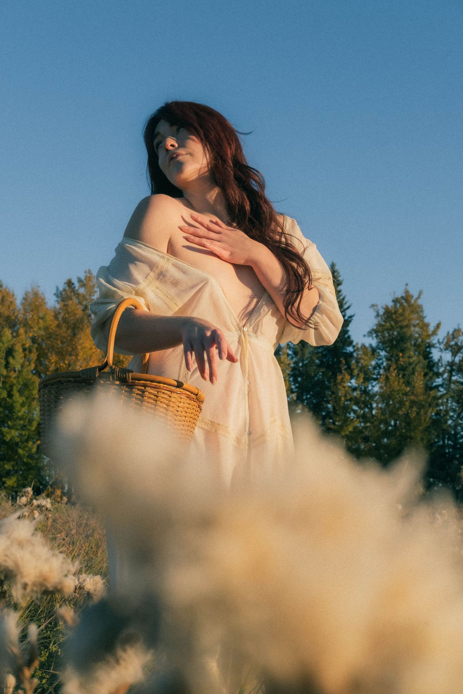 Woman in sheer white dress holding wicker basket in golden field at sunset.