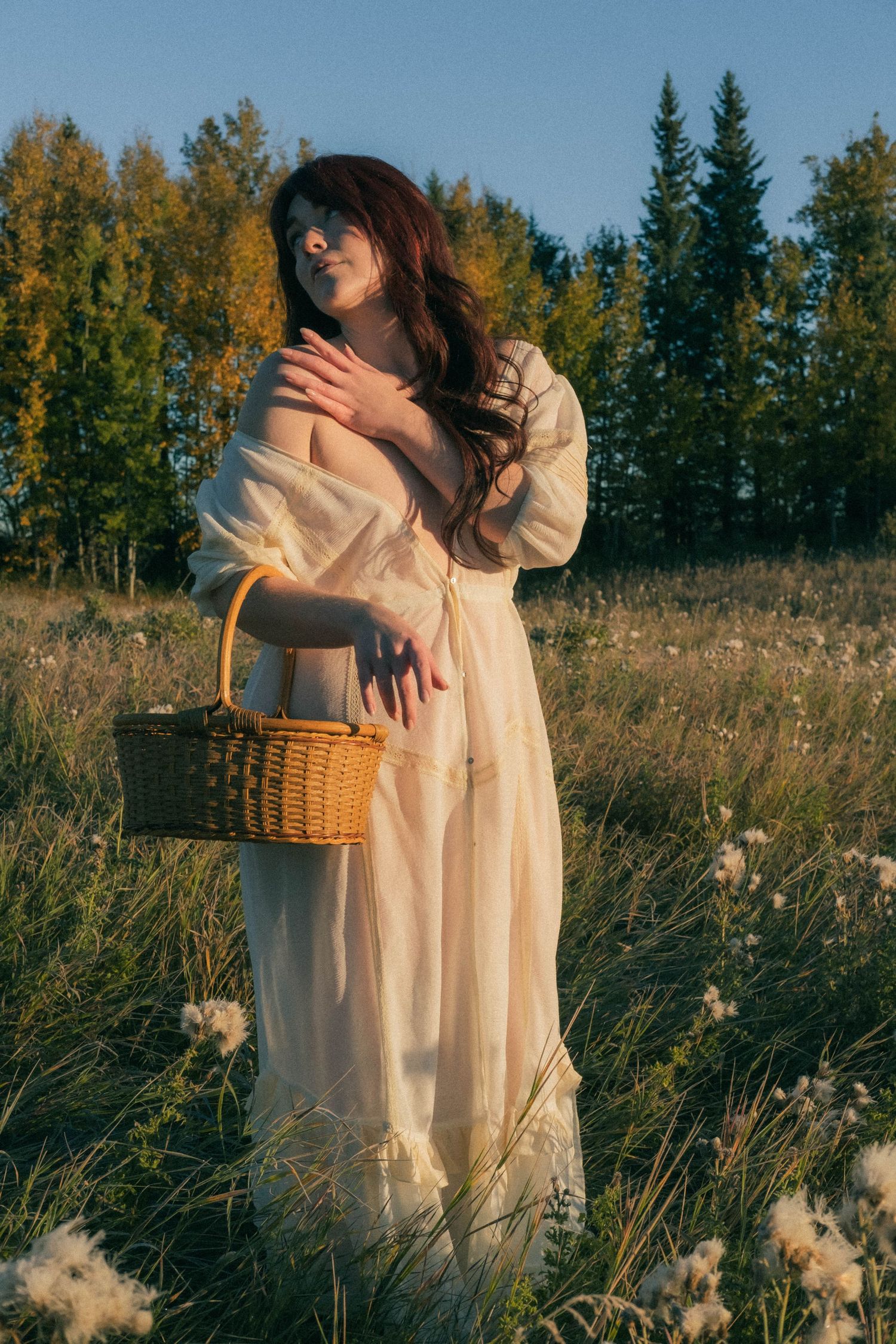 Woman in sheer white dress holding wicker basket in autumn meadow.