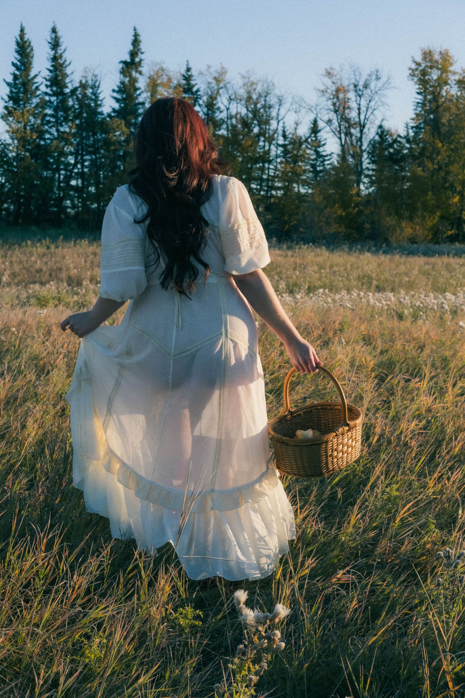 Woman in white prairie dress carrying wicker basket through golden meadow at sunset.