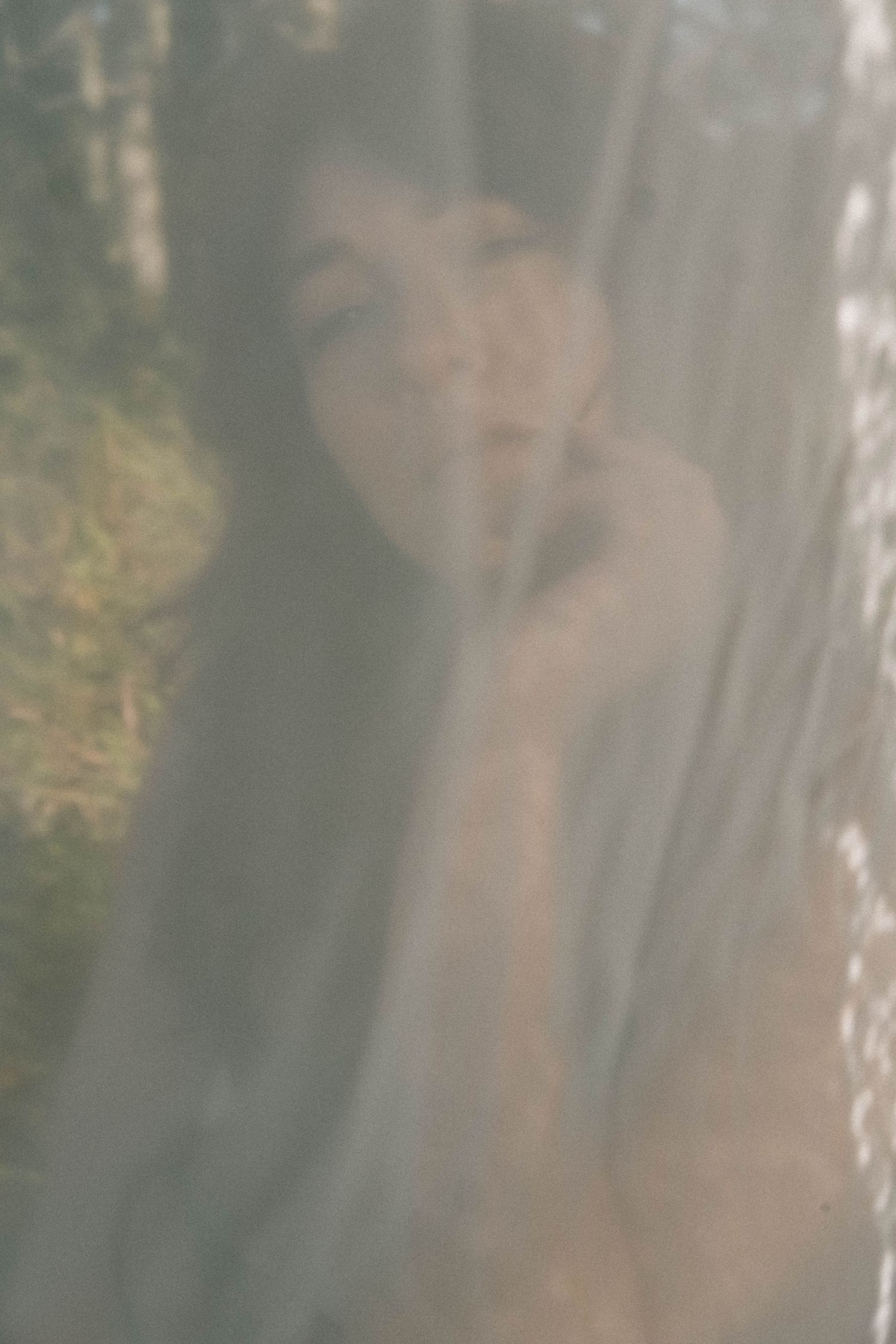 A mysterious woman seen through sheer translucent fabric in a soft-focus forest setting.
