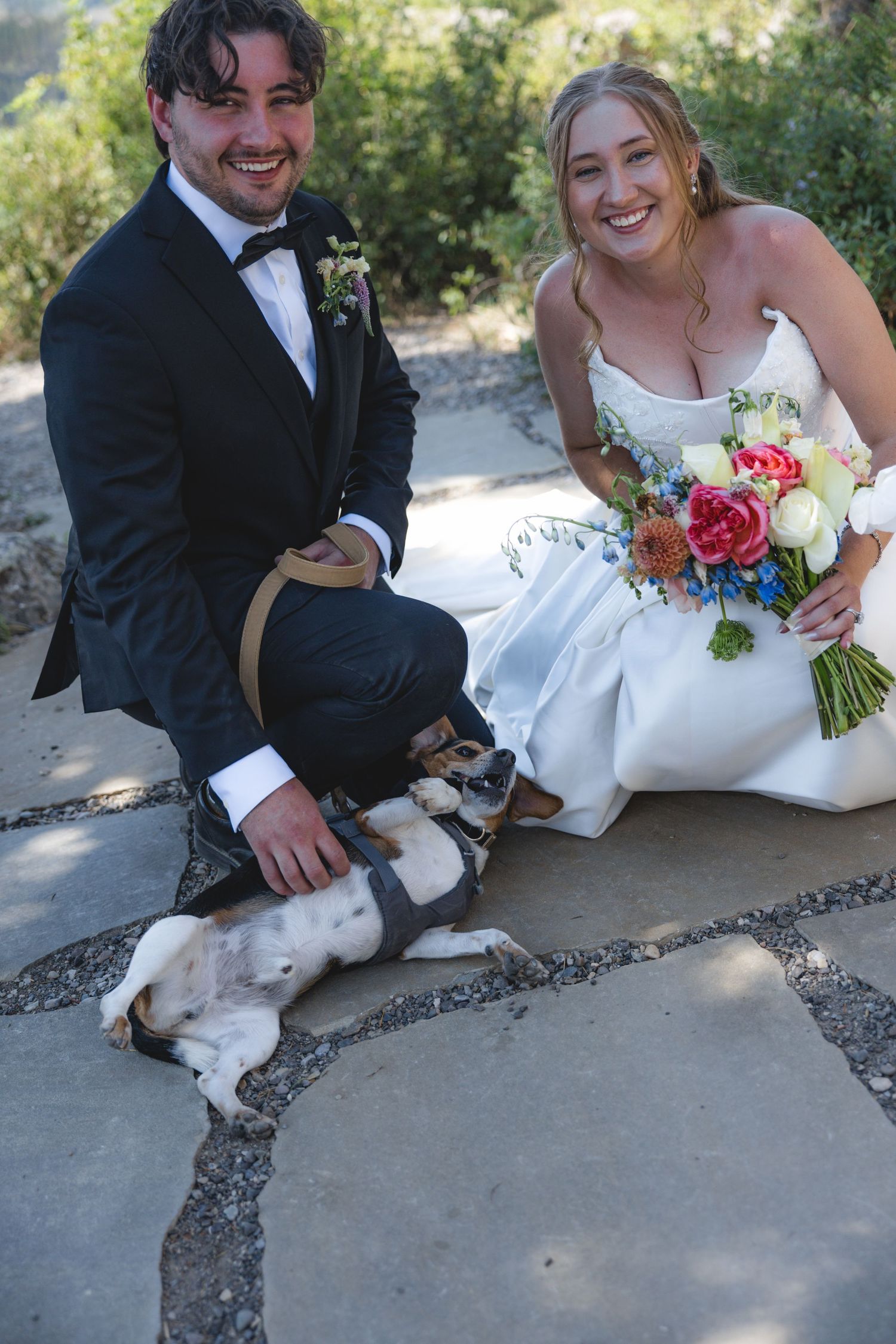 Bride and groom sitting on stone patio with their small dog at outdoor wedding, bride holding colorful bouquet.