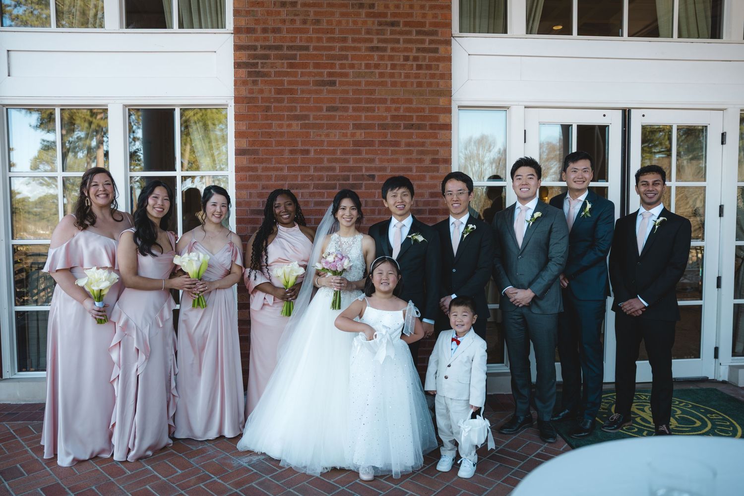 Wedding party group photo with bride, groom, bridesmaids in blush pink, and groomsmen in black suits.