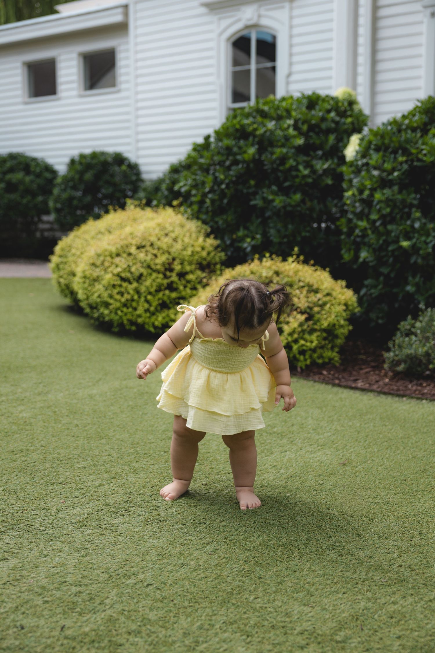 Barefoot toddler girl in yellow ruffle dress taking first steps on green lawn with manicured bushes and white house backdrop.