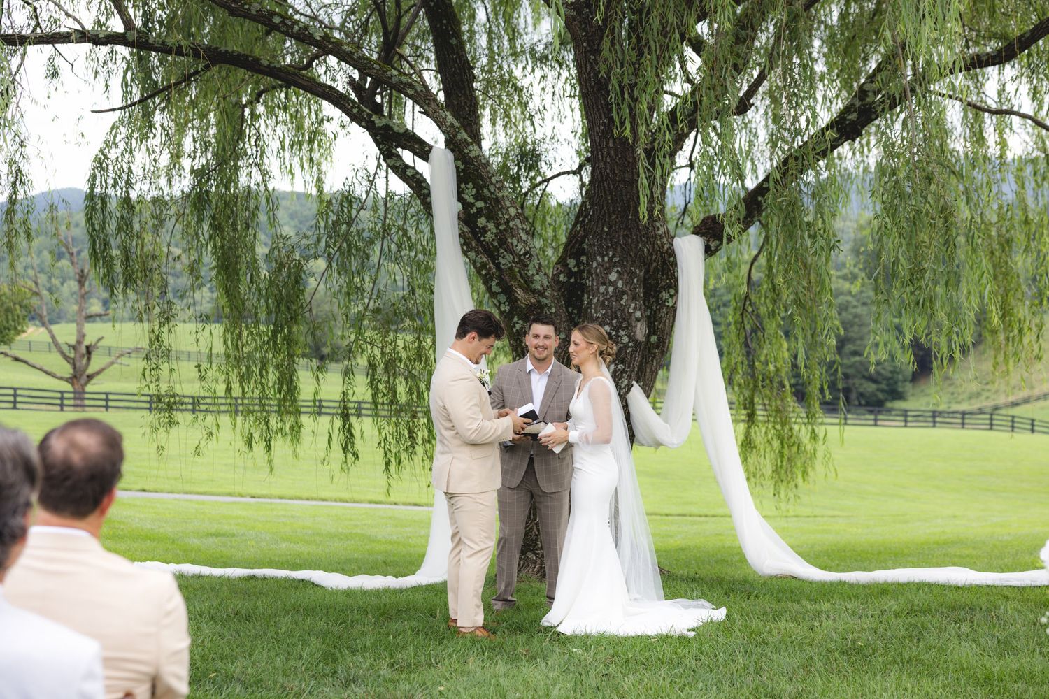 Outdoor wedding ceremony under a weeping willow tree with white fabric draping on a lush green lawn.