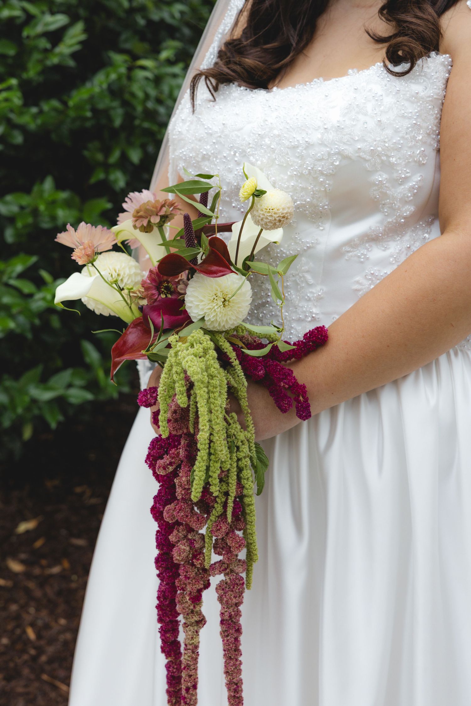 Bride in a white lace bodice gown holds a cascading bouquet of burgundy and green amaranthus, white calla lilies and blush flowers.