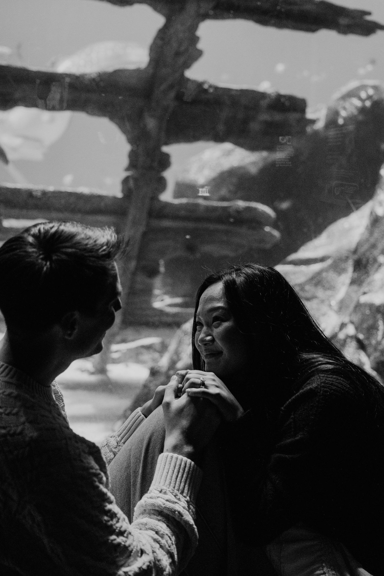 Black and white image of people observing marine life in an aquarium setting.