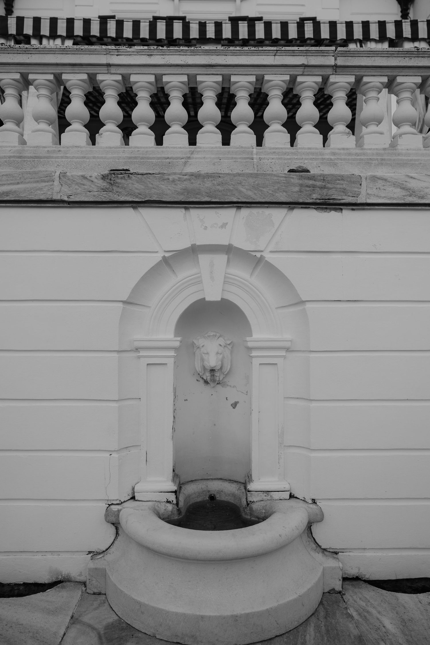 Black and white photo of a classical stone lion head fountain set in an arched niche on an ornate building facade.