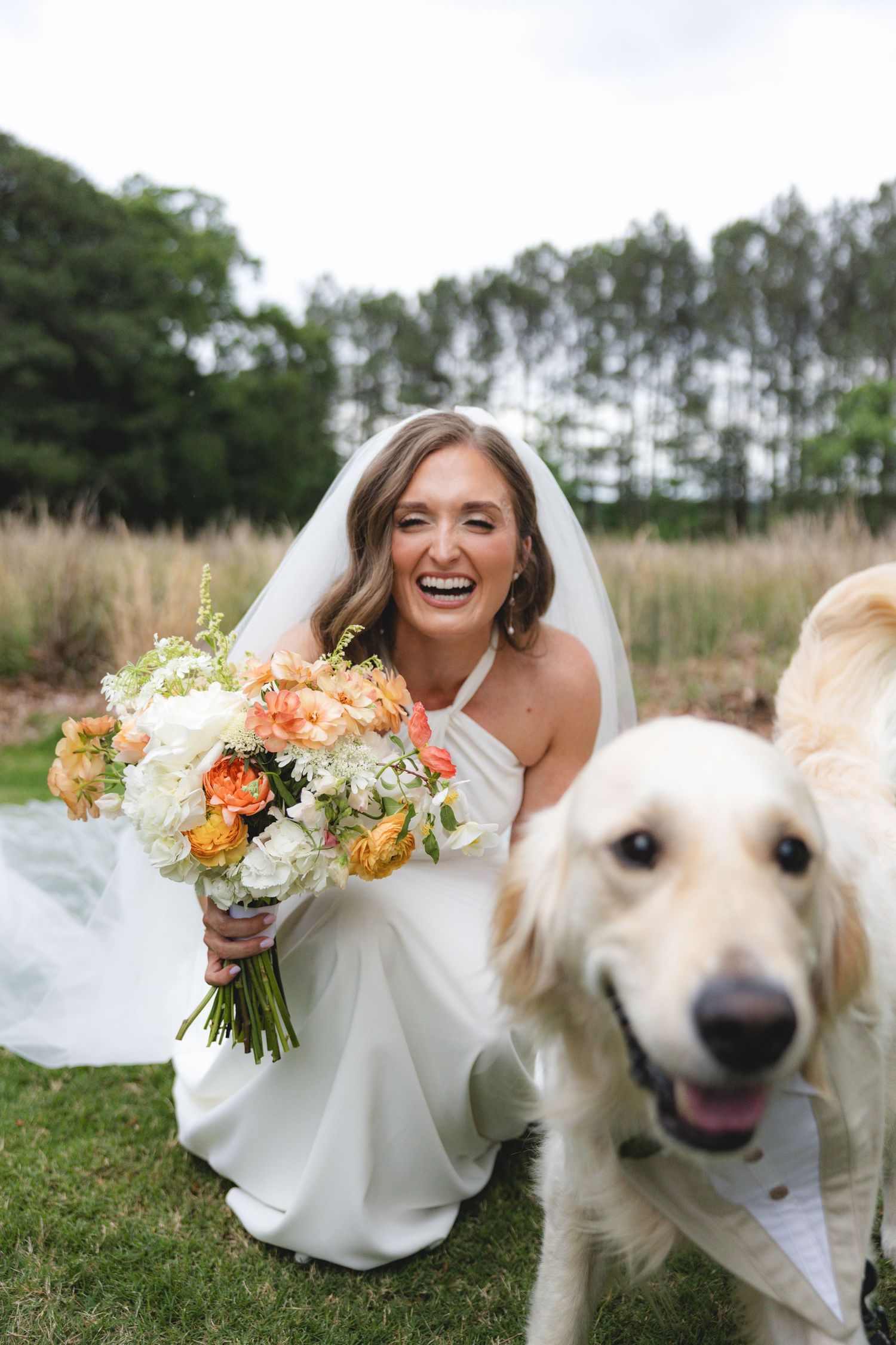 Laughing bride in white gown holds colorful bouquet while posing with a golden retriever on a lush green lawn.