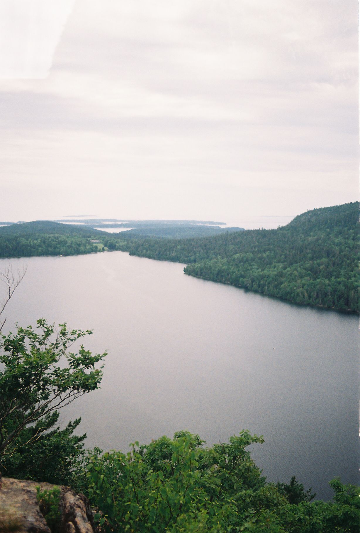 Aerial view of a serene lake surrounded by dense green forest under overcast skies in a remote wilderness area.