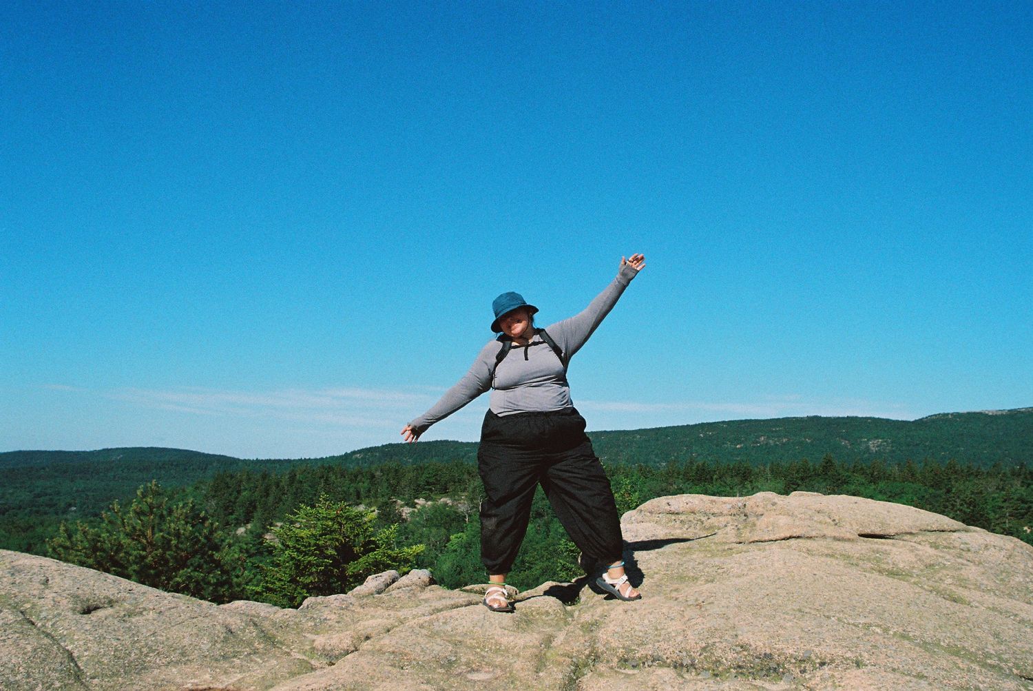 Person posing triumphantly on a rocky summit with arms outstretched, surrounded by lush green forest under a clear blue sky.