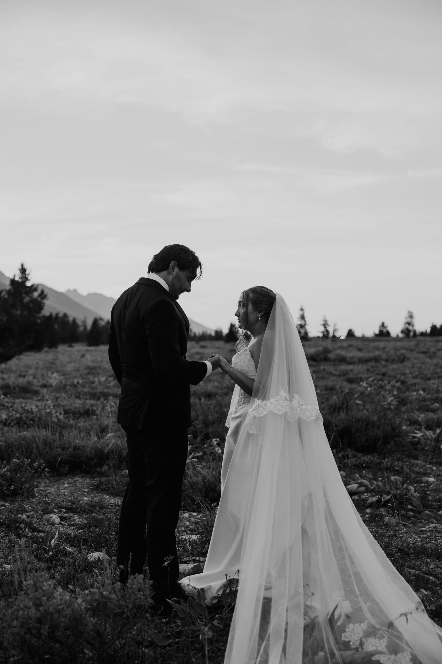 Black and white photo of a bride and groom exchanging vows in a mountain meadow, bride wearing a long veil.