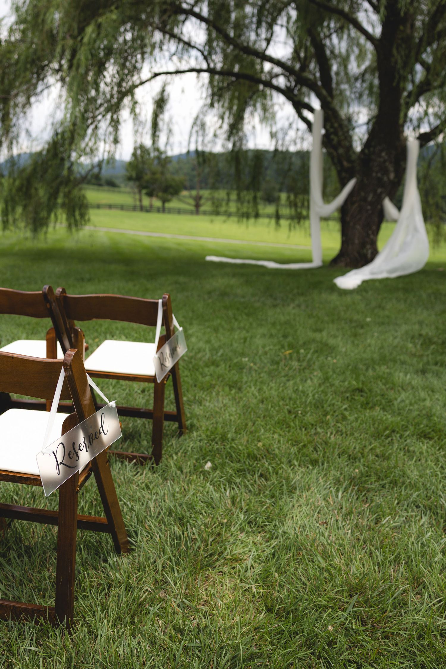 Wooden folding chairs with reserved signs on green grass at an outdoor wedding ceremony near a willow tree.