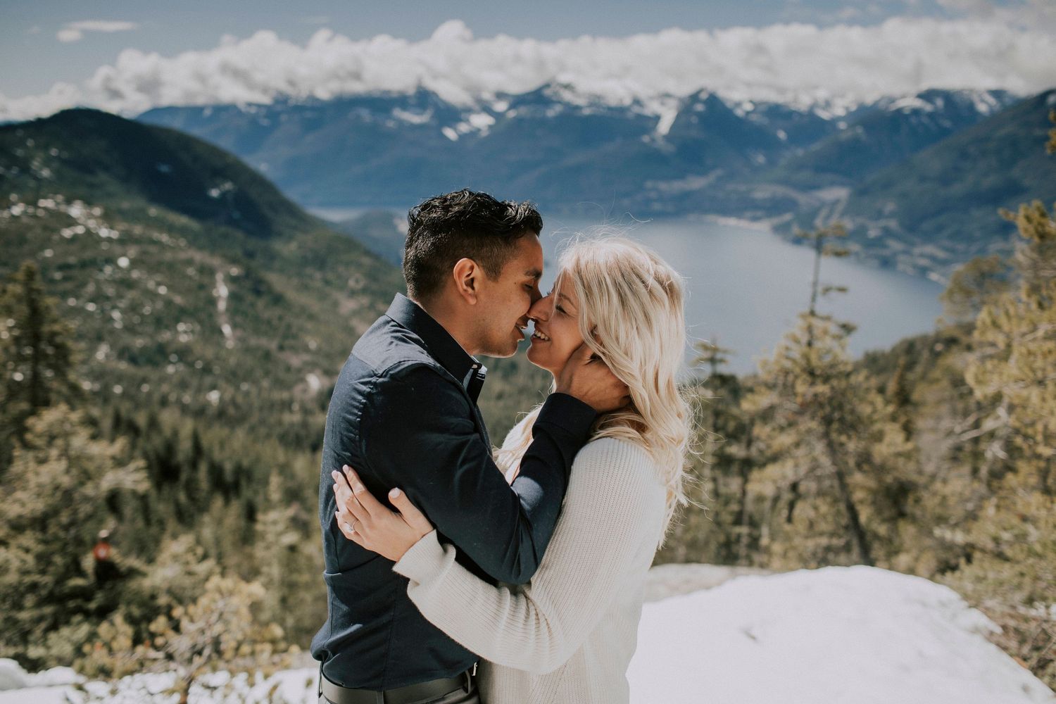 Couple foreheads touching during golden hour portrait